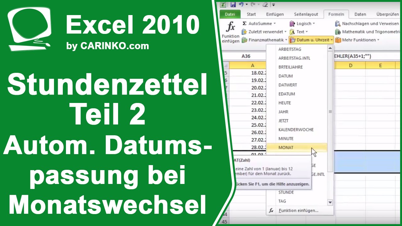 Stundenzettel Zeiterfassung in Excel erstellen Teil 2 - Autom. Datumsanpassung - carinko.com