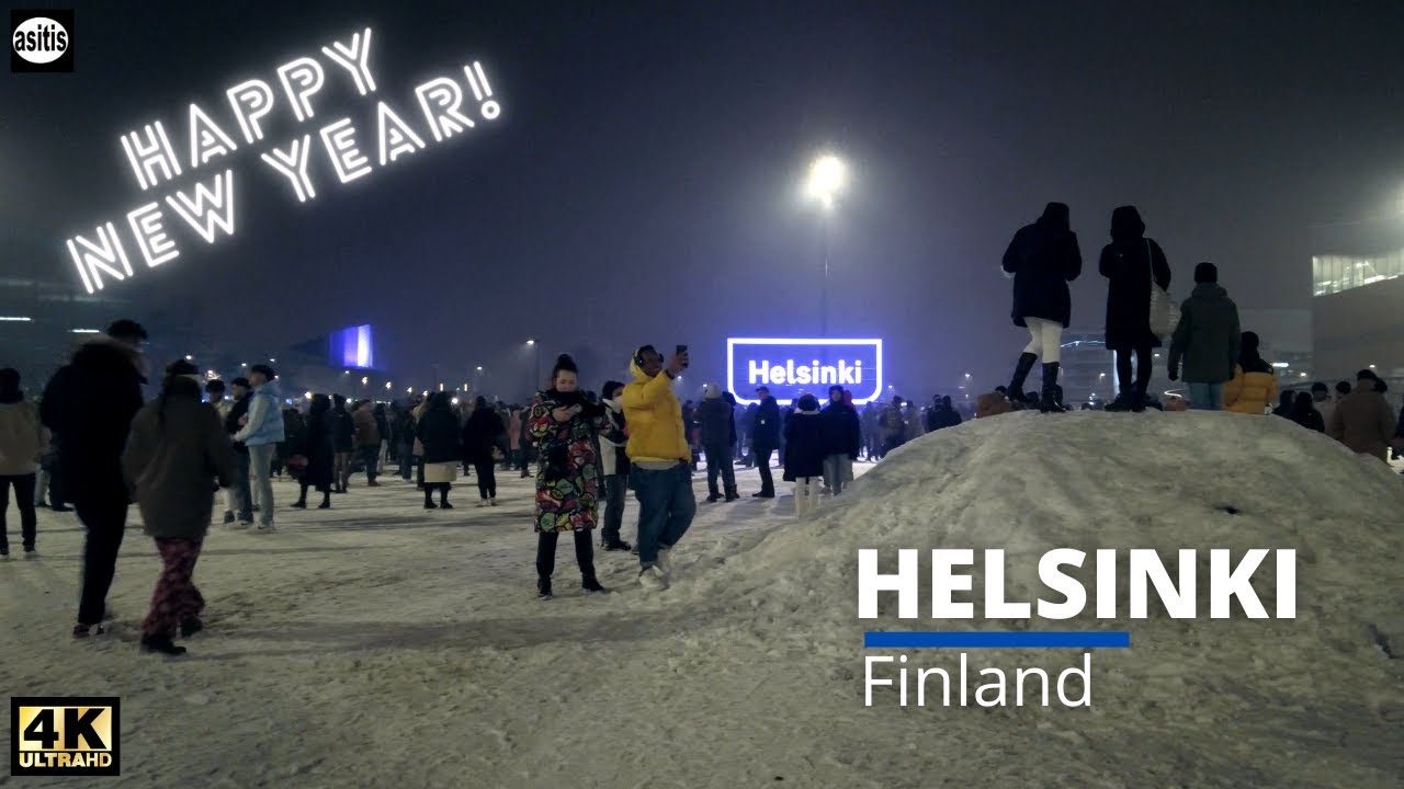 New Year's Fireworks Walk at Midnight in Helsinki Finland (1 January 2022)