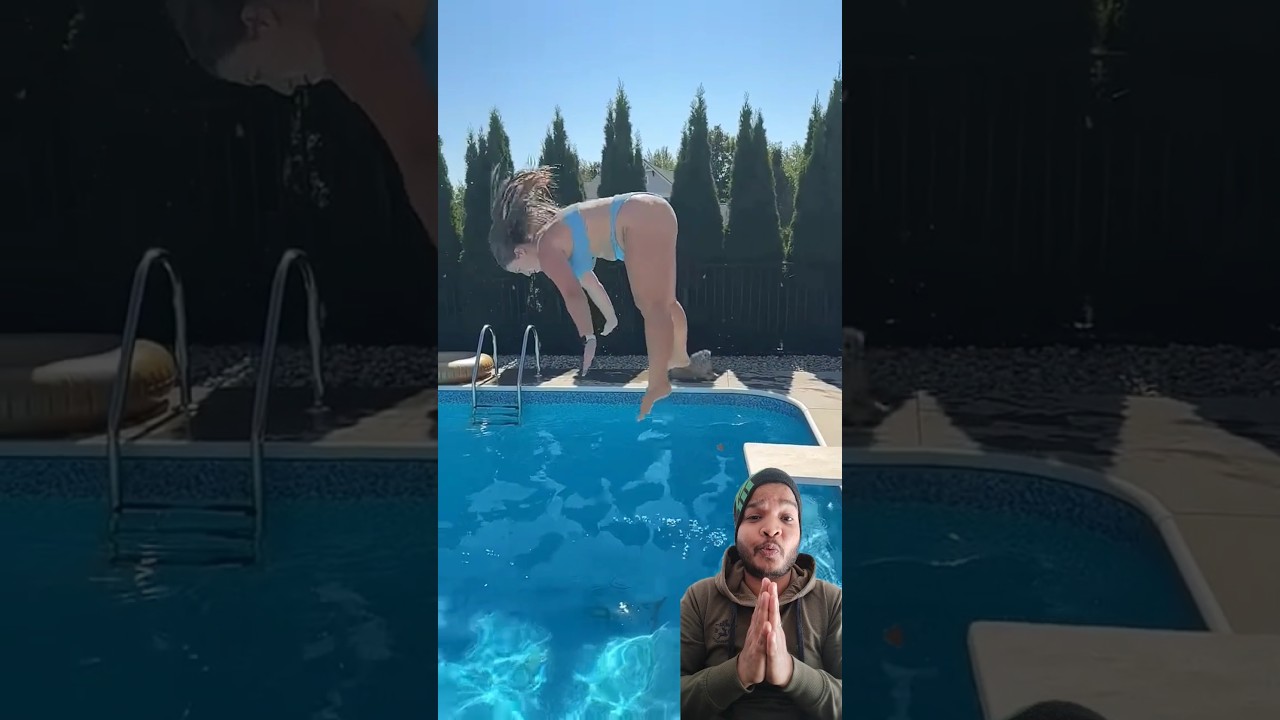 Splits Jack Knife Toe Touch Dive into Dirty Swimming Pool 
