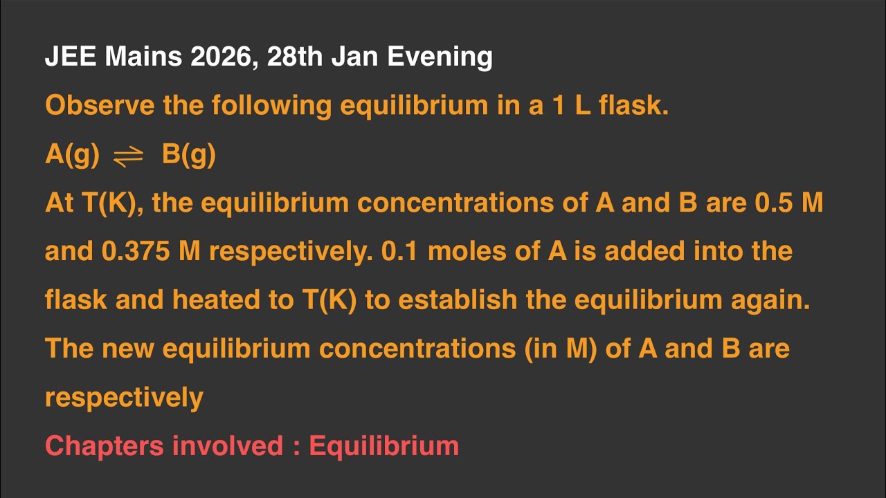 [JEE Mains 2026] Observe the following equilibrium in a 1 L flask.A(g) ⇌ B(g) At T(K), the equili...
