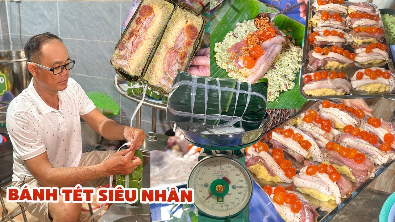 Quá khủng Lò Bánh Tét Gói Thủ Công Nhân thịt, đậu xanh, tôm khô, trứng muối nhiều chưa từng thấy