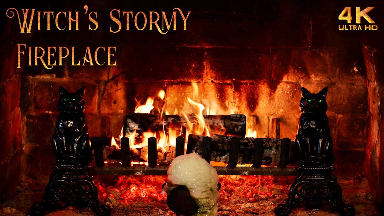 Witch's Stormy Fireplace ~ Bubbling Cauldron Halloween Ambience ~ Rain & Thunderstorm Sounds