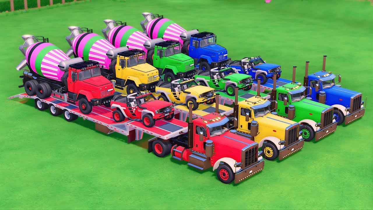 TRANSPORTING MIXER TRUCK, PETERBILT, THUNDER OFFROAD, COLORFUL CARS WITH TRUCK - FS22
