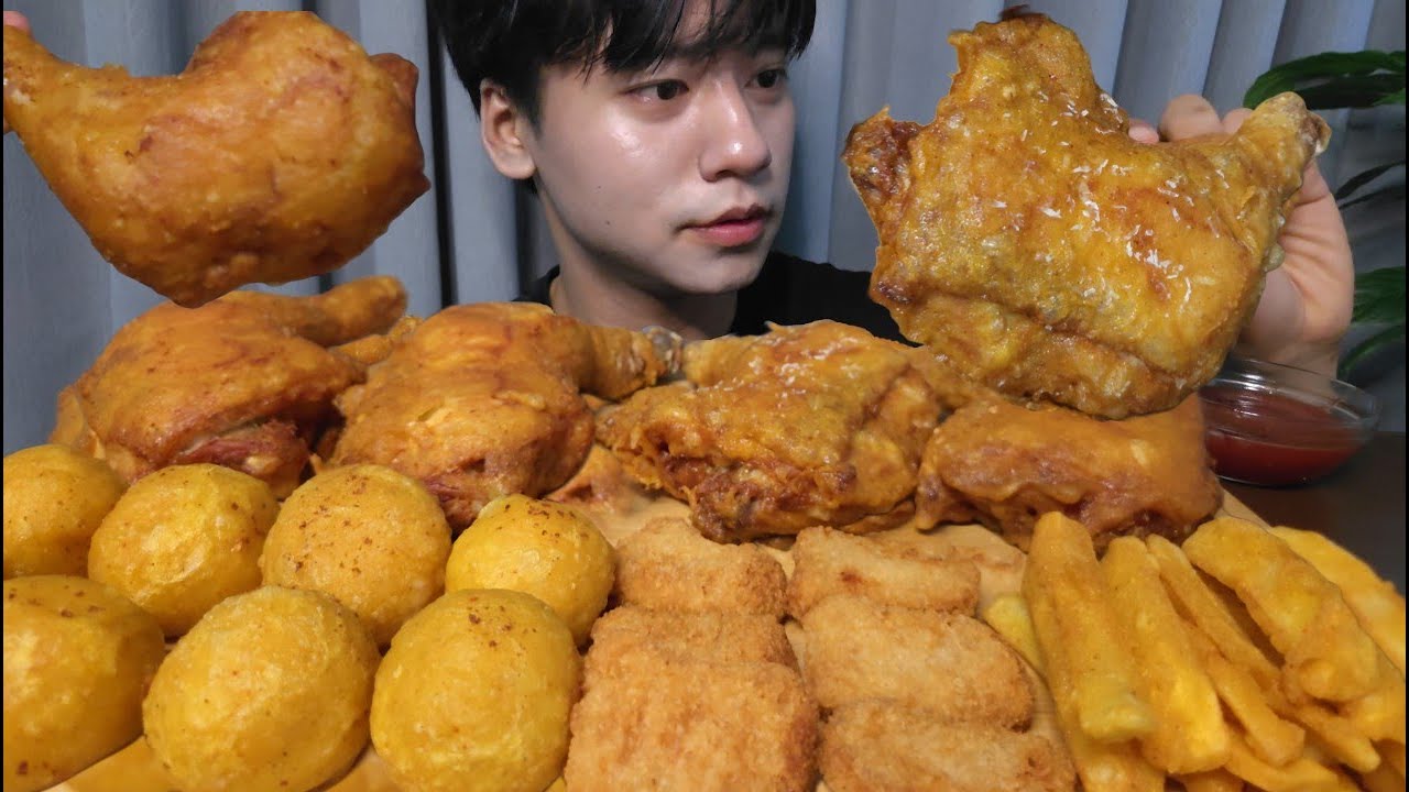 Crispy fried Chicken with Cheese Balls, Nuggets and Fries Mukbang ASMR