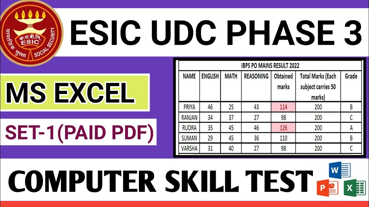 ESIC UDC Computer skill test 2022 | Ms Excel set-1 (paid pdf)