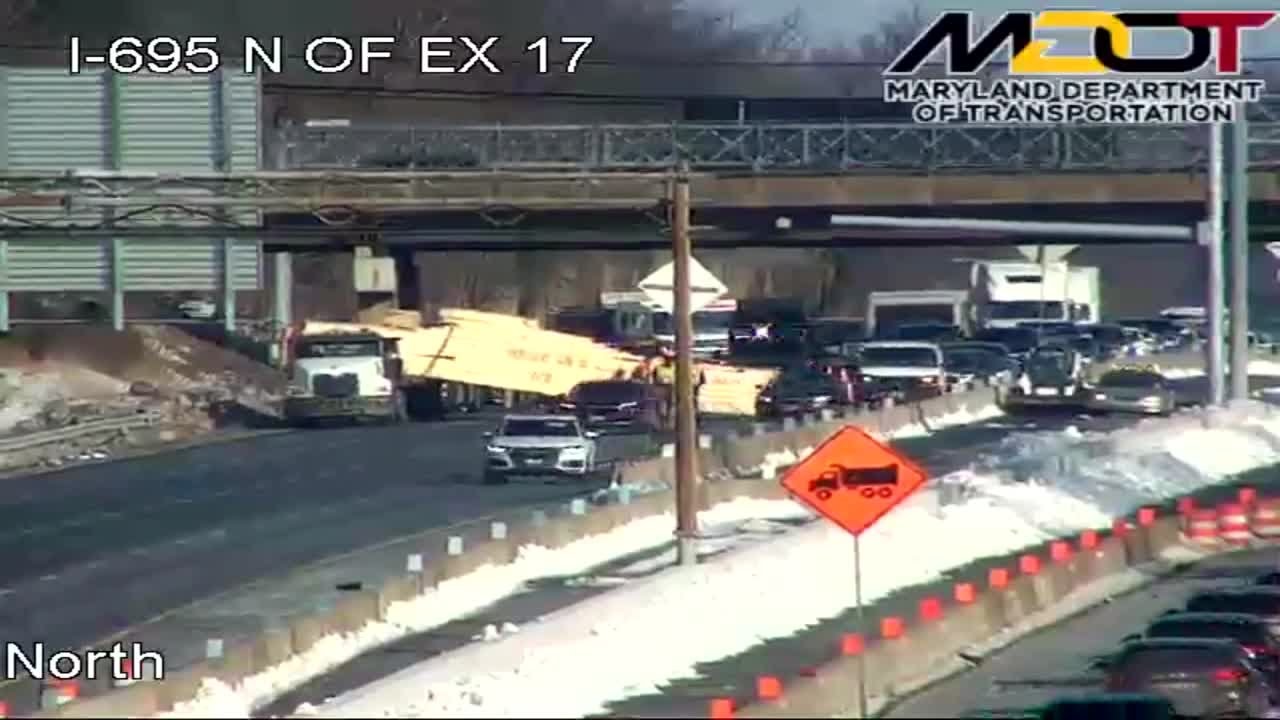Jackknifed Lumber truck creates miserable morning rush hour on I-695