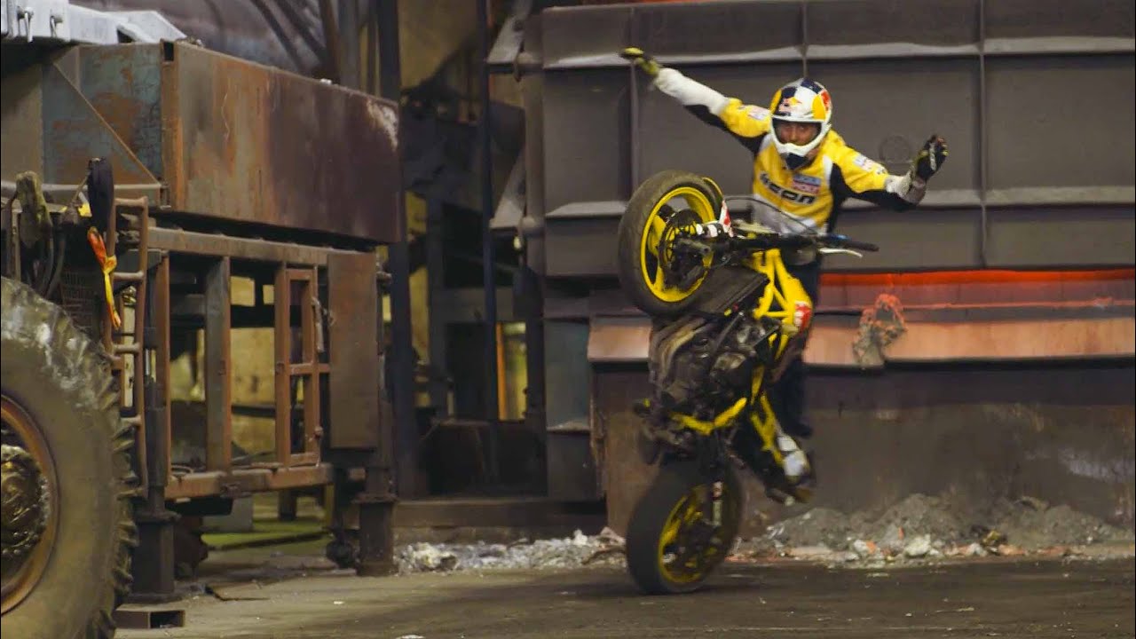 Sportbike Stunt Riding Tricks in a Warehouse