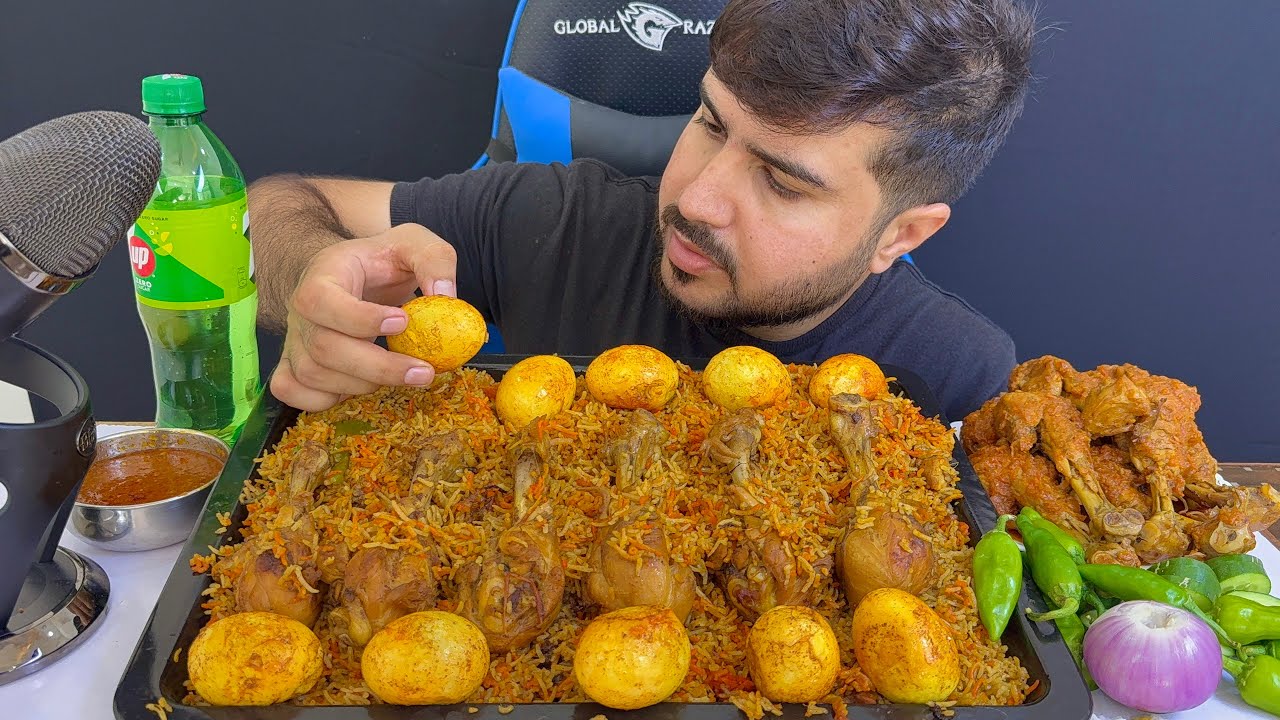 ASMR Eating Spicy Chicken  Eggs Biryani Chicken legs curry Raw Onion Salad drink green chili Mukbang