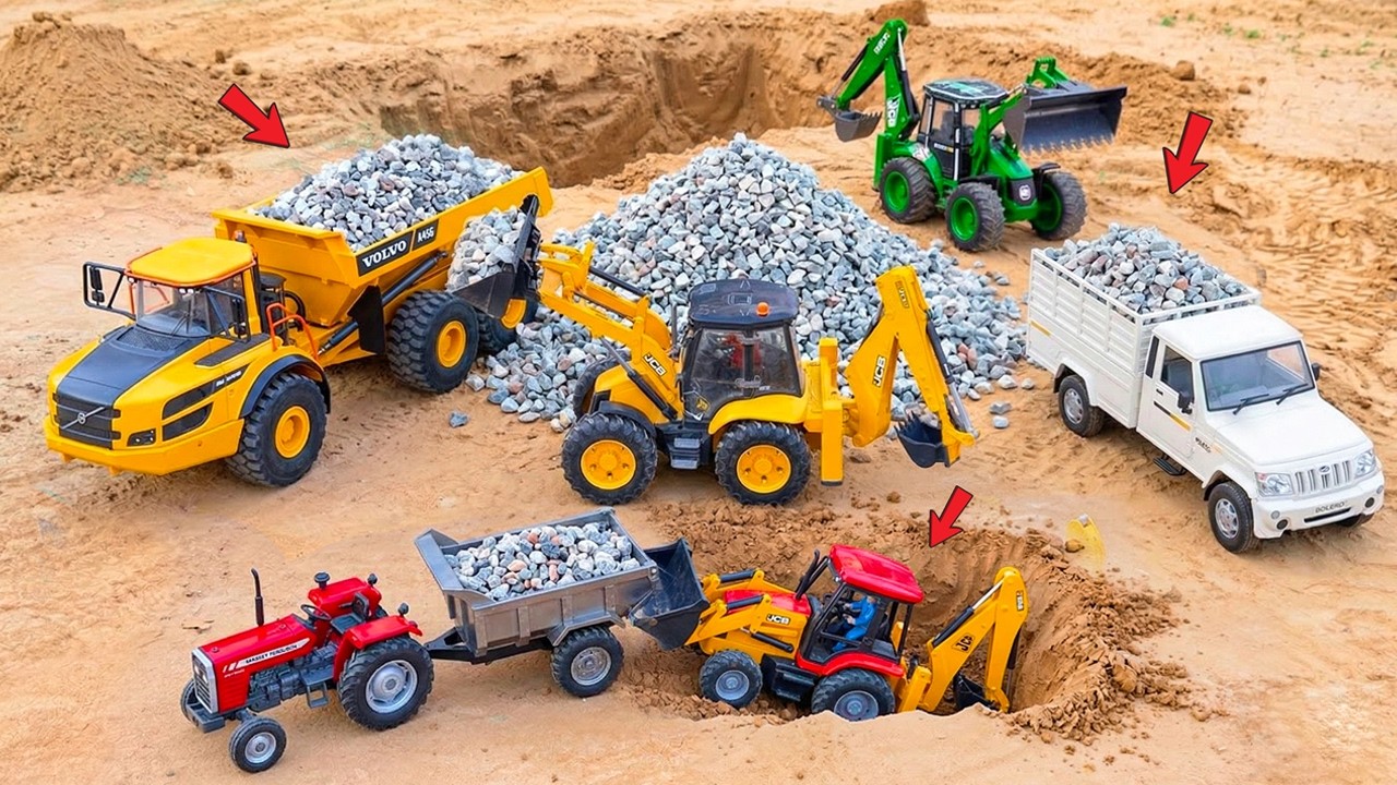 😱 JCB 5CX Fully Loading Black Stones & Sand! Volvo Dumper, Massey & Swaraj Tractor | JCB Cartoon