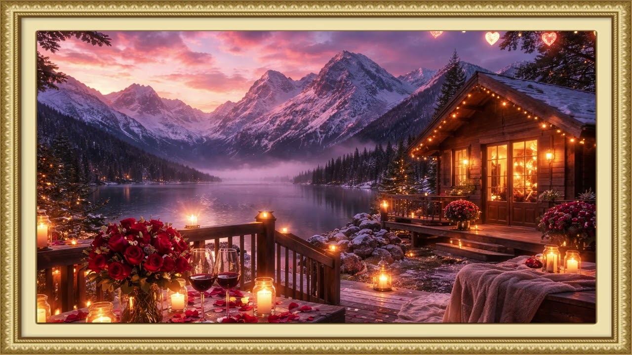 Romantic Lakeside Cabin at Sunset | Ambient Art 4k Displays