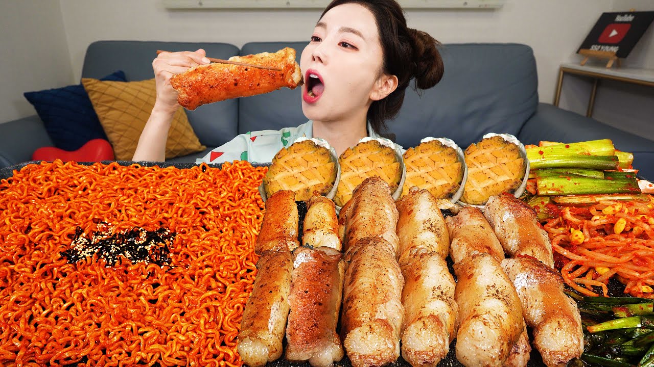 RUS SUB) Crunchy✨ Beef Intestines Dae-chang Korean Buldak Ramen Shrimp Seafood Mukbang ASMR Ssoyoung