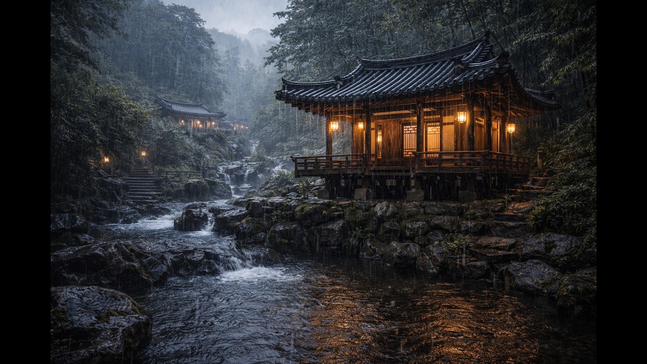 Heavy Rain at a Korean Hanok Pavilion Black Screen After 10 Minutes for Deep Sleep 10 Hours