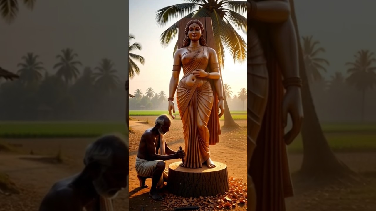 Rural Indian Artisan Carving a Life-Size Wooden Woman Statue — Documentary Realism 