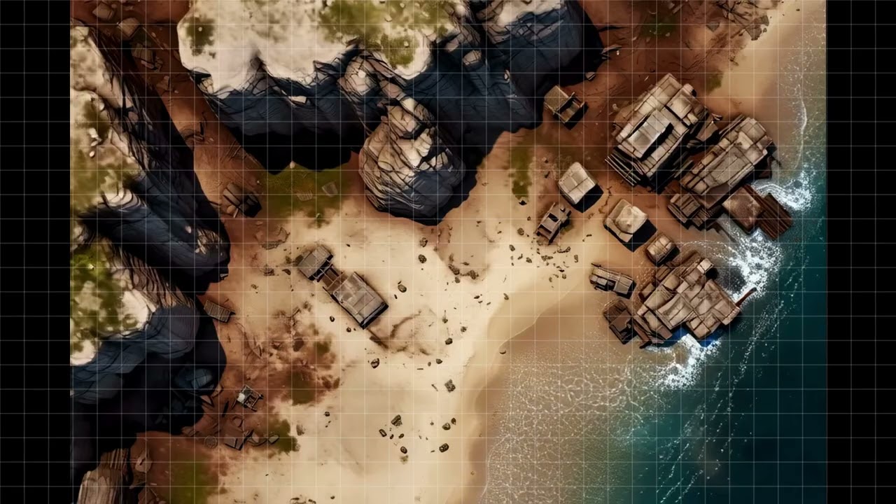 DnD compatible animated map _ Coastal Huts by Rocky Shore _ square grid _ ambience for VTT
