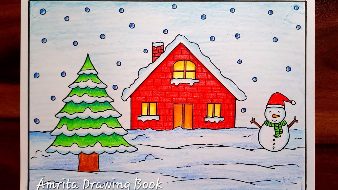 Winter Season Drawing Easy Steps | Snowman Scenery Drawing | Winter Snowfall Scenery Drawing