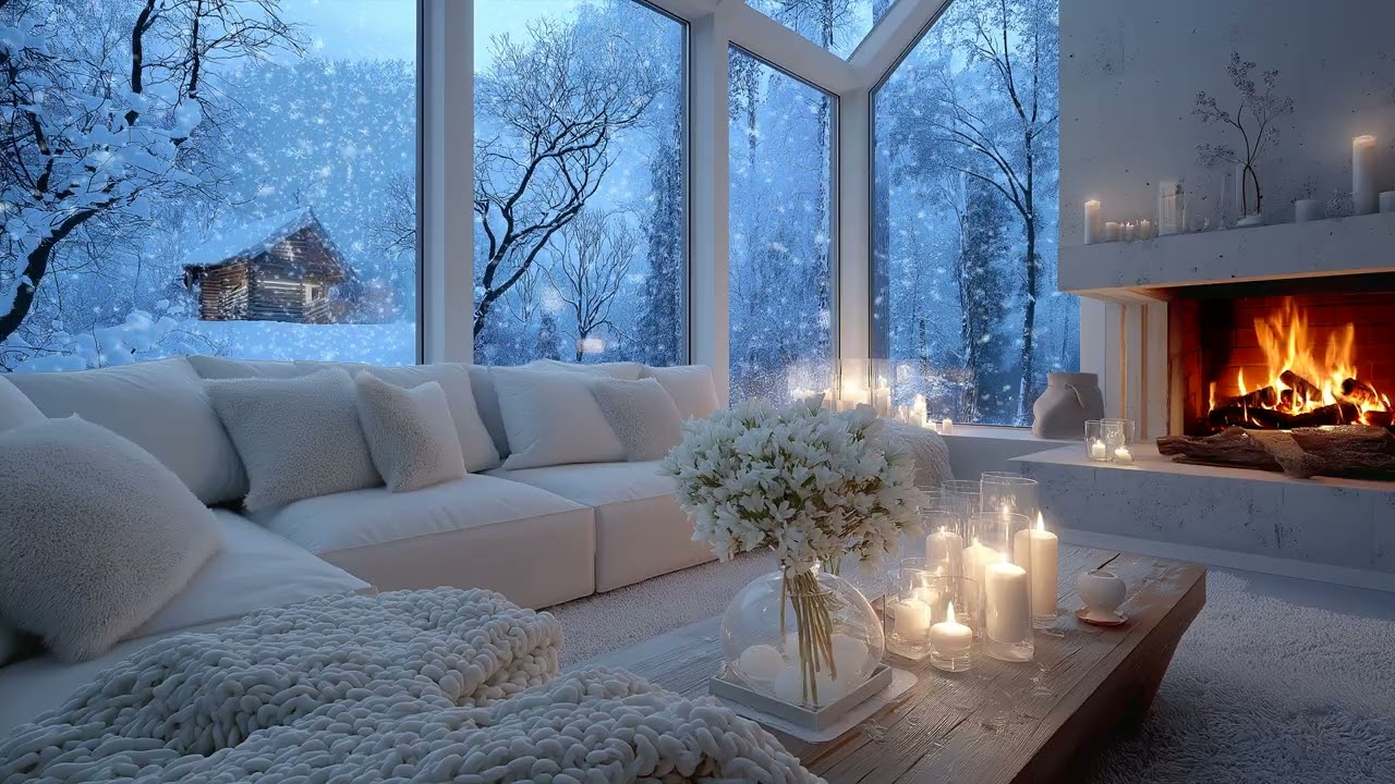 ❄️🌸 4 Hours of Winter Piano Lounge Music | Fireplace Glow & Snowflakes for Sleep, Study & Focus
