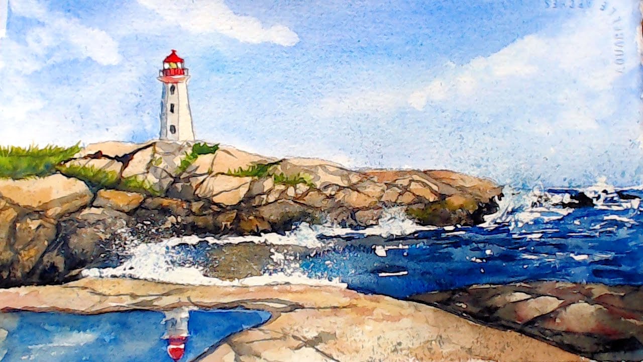 Rocky Shore Lighthouse in Watercolor LIVE 12:30pm ET