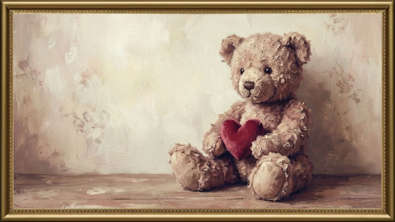 Valentine Teddy Bear Oil Painting Screensaver Cozy Frame TV Art | Silent Romantic TV Display 🧸
