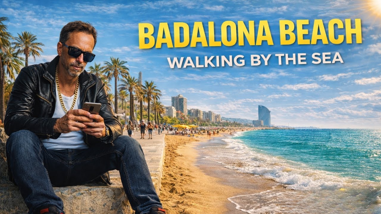 Badalona Beach - Spain Beach Walk  - Walking Around with Happy Music! in 4K