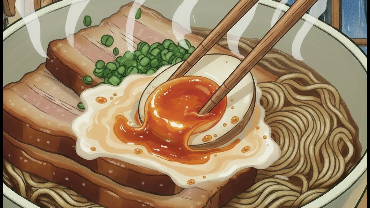 Полночный Рамен 🍜 Аниме Готовка 🌧️ Дождь и Камин для Сна (1 Час)