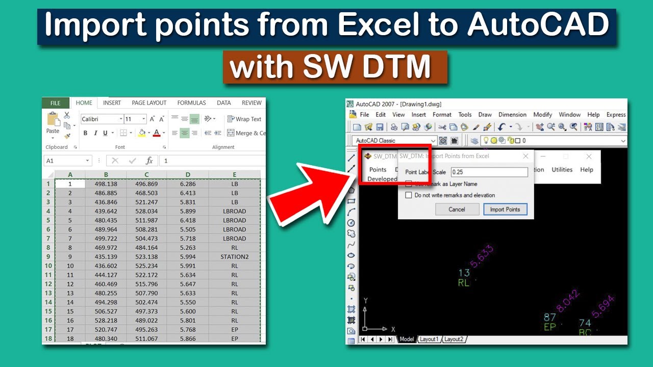 Jak importować punkty z programu Excel do programu AutoCAD za pomocą oprogramowania SW DTM