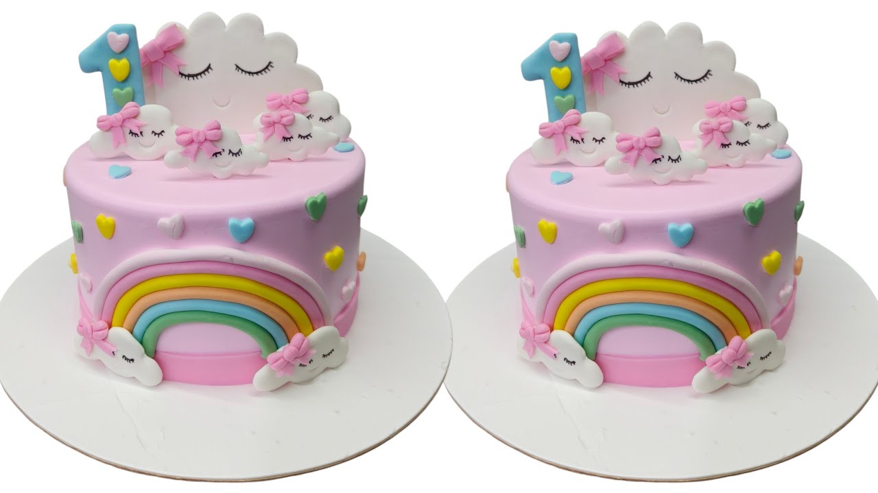 Cute Rainbow Cloud Theme Cake 🎂 | Butterscotch Flavour | 1st Birthday Cake Tutorial | baby girl cake