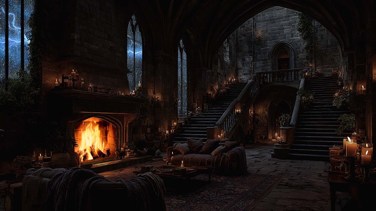 Cozy Castle Rain Ambience &ndash; Heavy Rain, Thunder & Fireplace Sounds for Peaceful Sleep