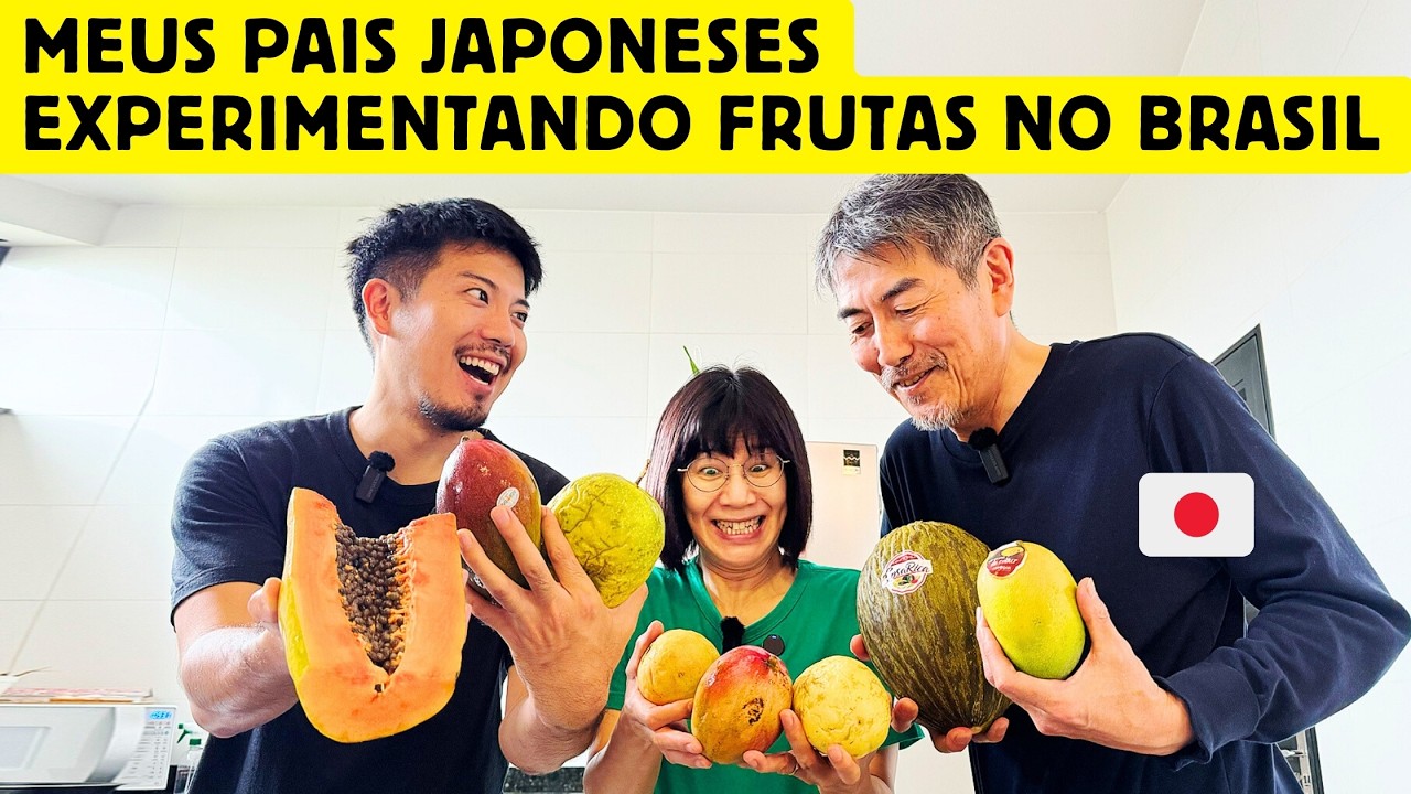 Meus pais japoneses experimentando frutas no Brasil