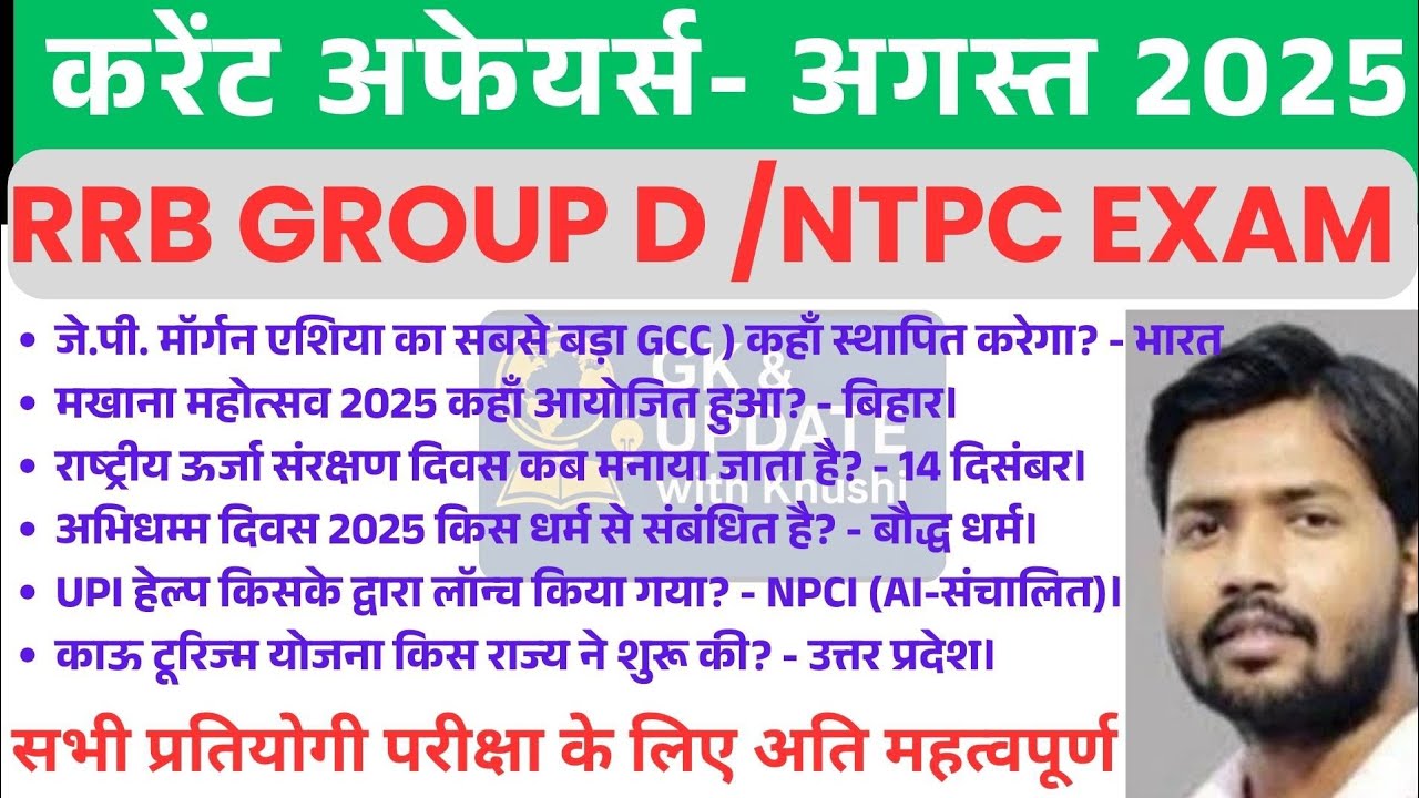 करेन्ट अफेयर्स AUGUST 2025 ! RAILWAY EXAM CURRENT AFFAIRS #currentaffairs#dailycurrentaffairsquiz