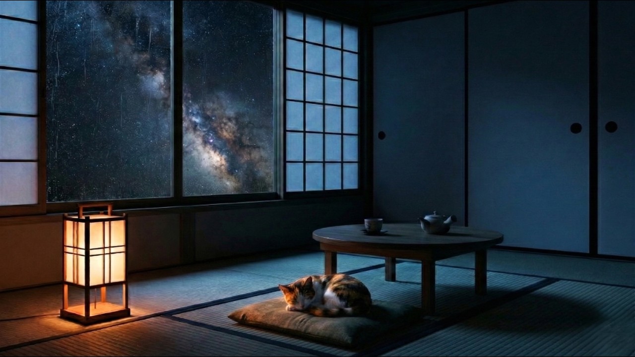 Cat Sleeping in a Moonlit Tatami Room 🐱🌌 | Japanese Healing Music for Sleep & Midnight Calm — 4K