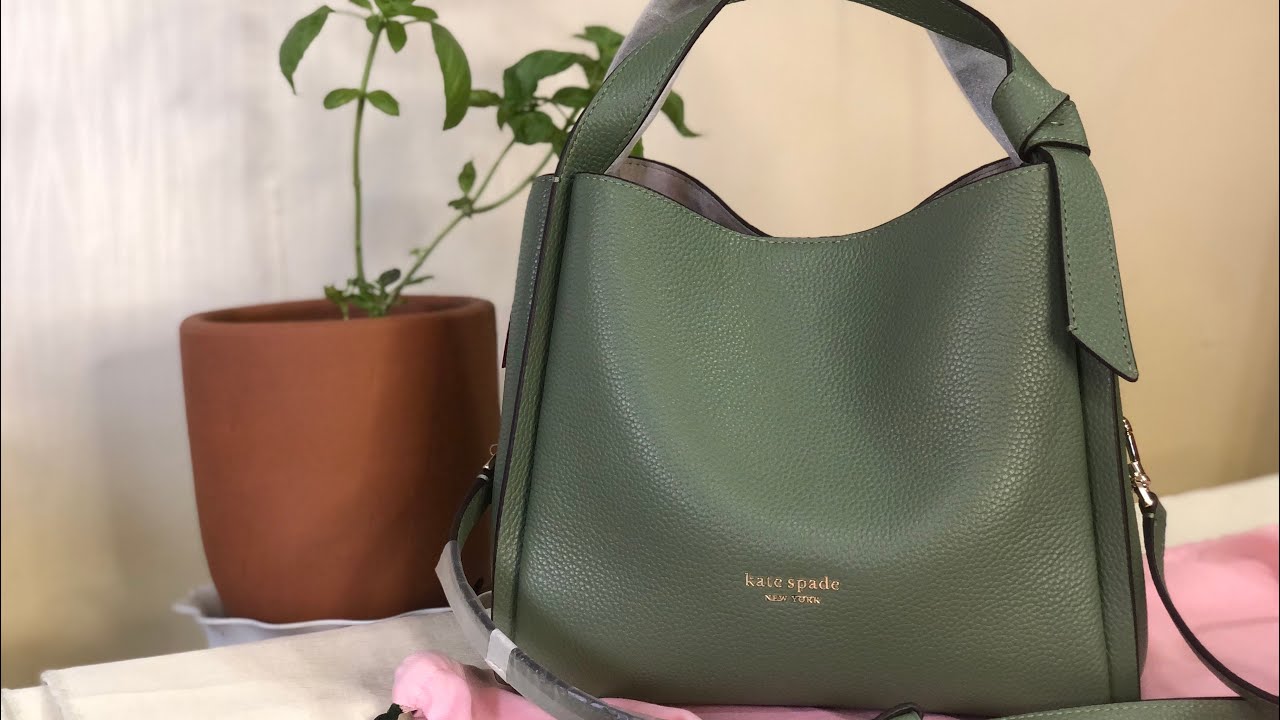 Kate Spade RETAIL Pebbled Leather Knott Medium Crossbody tote Romaine + dimensions + modshots