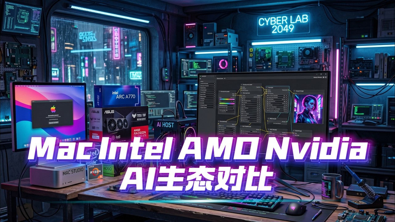 Mac A卡 N卡 I卡 AI项目实战对比，苹果适合跑MOE，AMD追赶Nvidia，大模型和ComfyUI都挺好用，英特尔摆烂生态极差！但老黄的CUDA生态支配了一切！