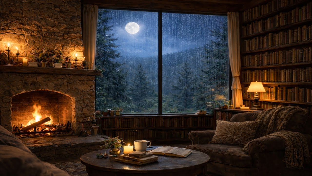 Rain & Fireplace in Cozy Library 🌧️🔥 Night Ambience for Sleep, Study & Relaxation