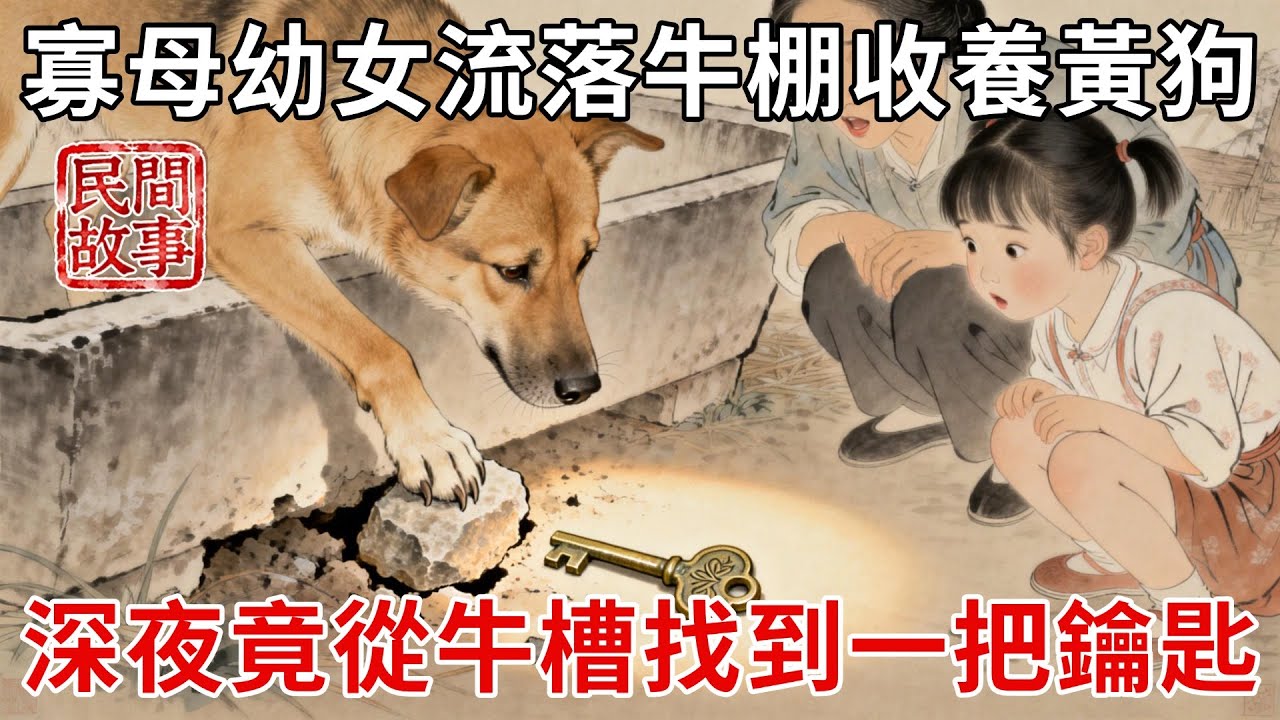 寡母幼女流落破牛棚，收養老黃狗為伴，深夜黃狗悄悄叫醒母女，竟從牛槽底找到一把鑰匙，帶她們進深山開啟神秘寶室！#民間故事 #傳統文化 #原創虛構 #華語有聲書 #槐樹下聽書