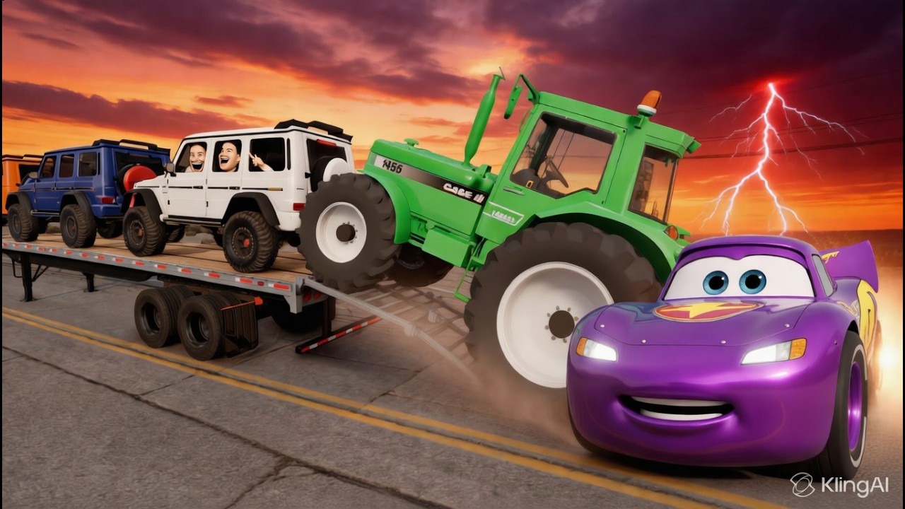 TRANSPORTING PIXAR CARS & FRUITS WITH COLORED & JOHN DEERE vs CLAAS vs TRACTORS - BeamNG.drive