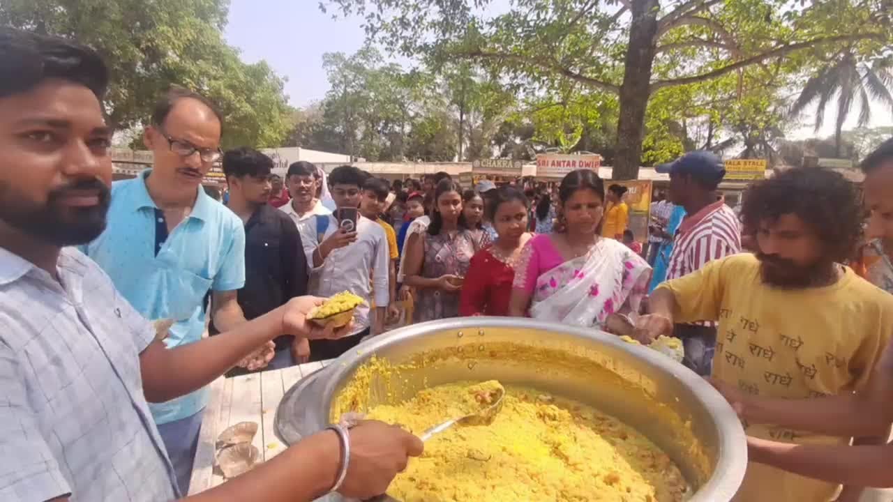 Prasadam distribution in Mayapur near Srila Prabhupada's samadhi on March 14, 2026