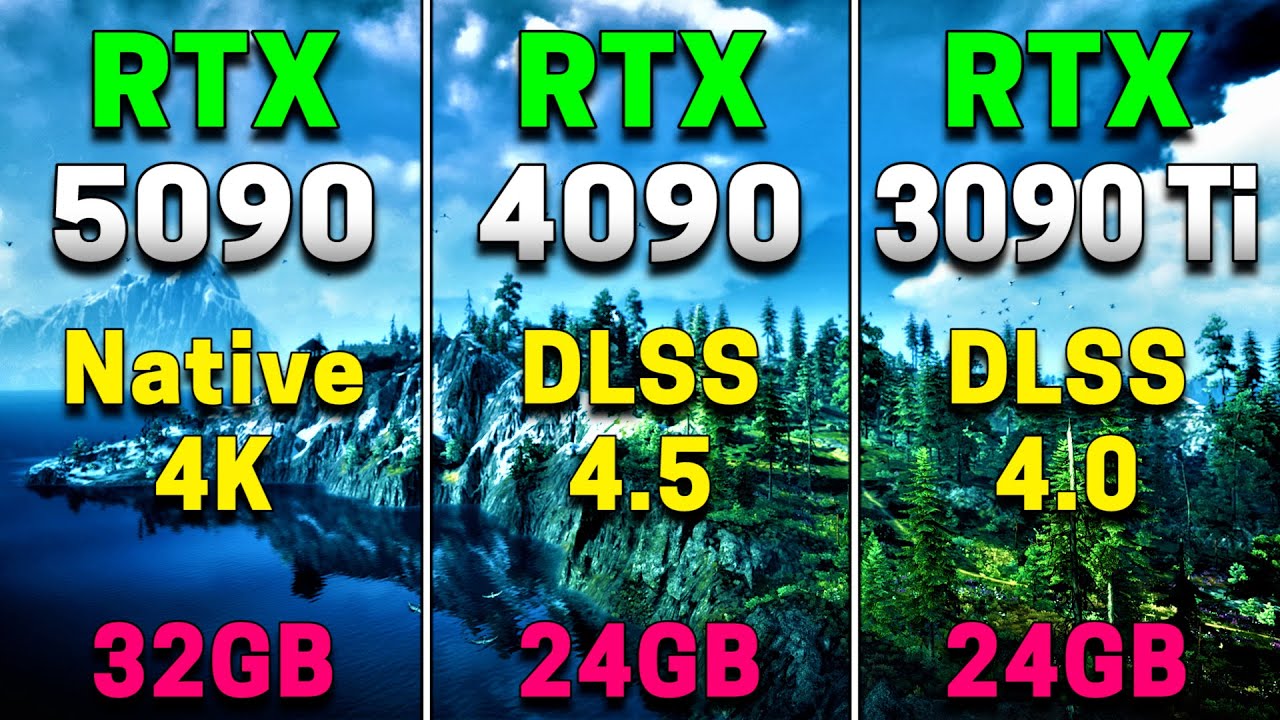 RTX 5090 32 ГБ (нативное разрешение 4K) против RTX 4090 24 ГБ (DLSS 4.5) против RTX 3090 Ti 24 ГБ...