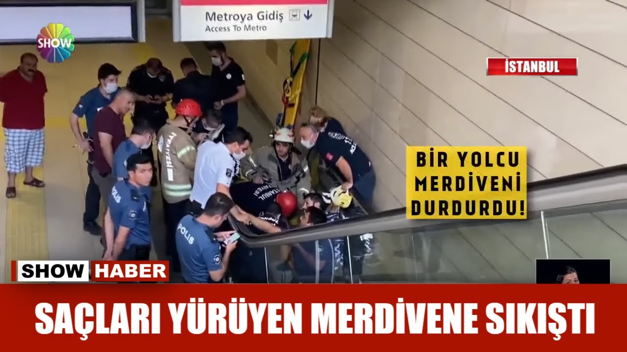 Saçları yürüyen merdivene sıkıştı