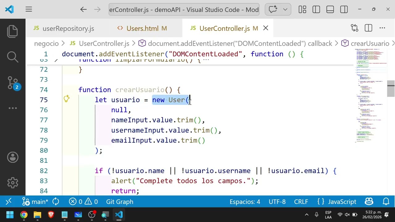 3. Construcción Aplicación CRUD JS Puro - Llamado APIS: Presentación - Negocio. Método Crear .