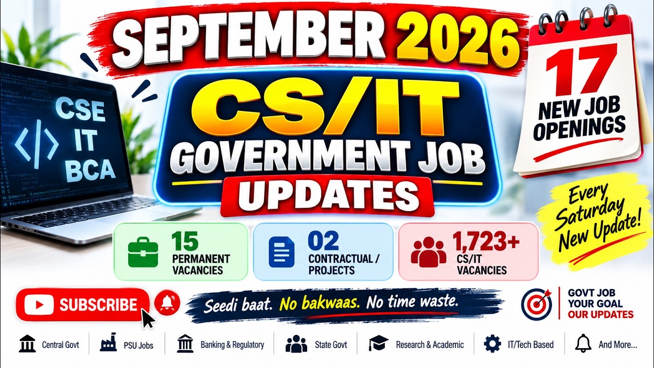 17 NEW Govt Jobs for CS/IT | 1723+ Vacancies | Freshers | Permanent and Contractual | September 2026