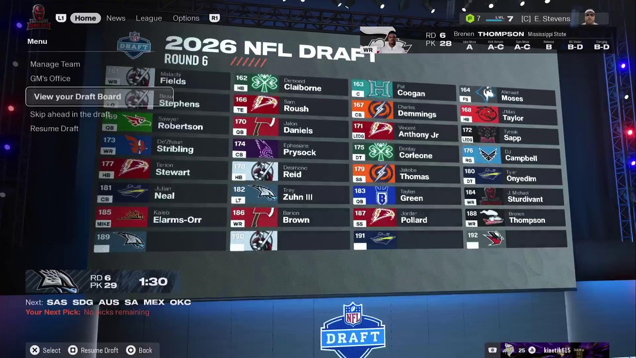 Madden 26 GFL Sim League 2025 Rookie Draft