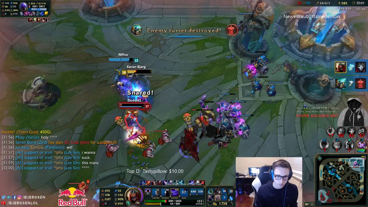 Bjergsen INSANE 1v4 zed play to save the game