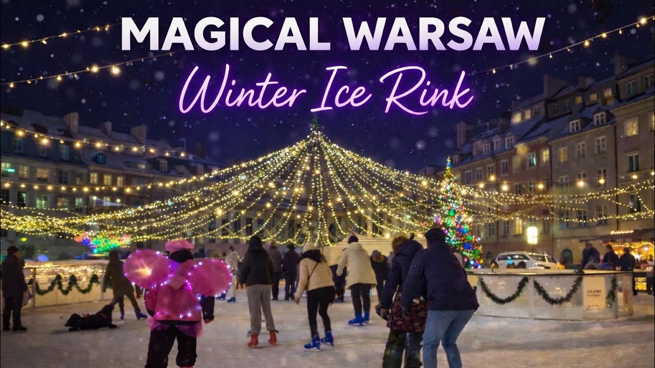 Winter Ice Rink in Warsaw Old Town ❄️ | 1 Hour Static View | Skating, Lights & Music