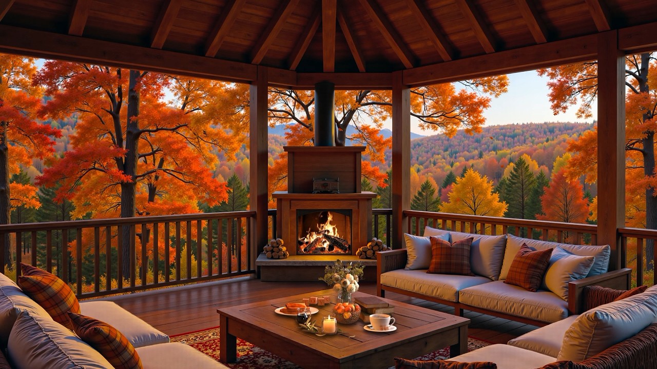 Autumn Porch of Quiet Days 🍂 Relaxing Jazz Instrumental Music & Crackling Fireplace for Study, Work