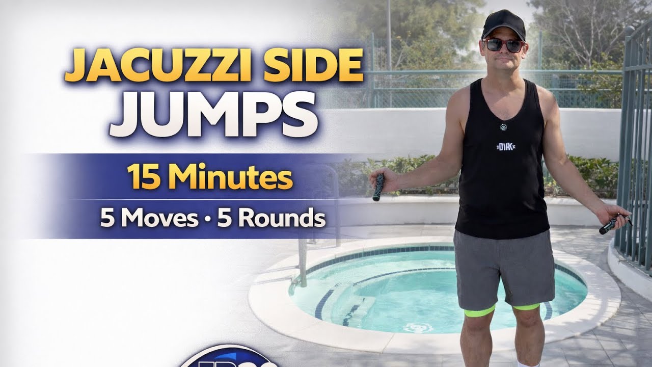 Jacuzzi side Jumps: 15 minute workout- 5 moves- 5 rounds. 1/4lb rope 