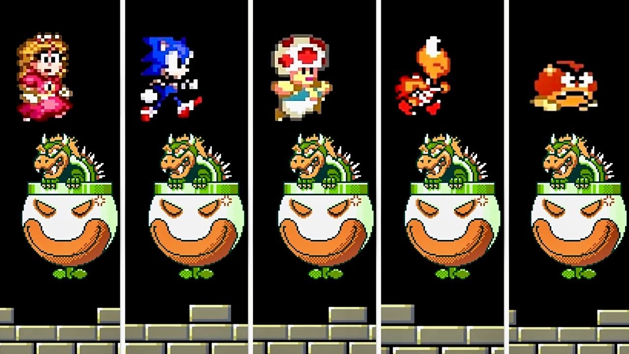 5 Characters Vs. Bowser Final Boss Fight in Super Mario World - 4K