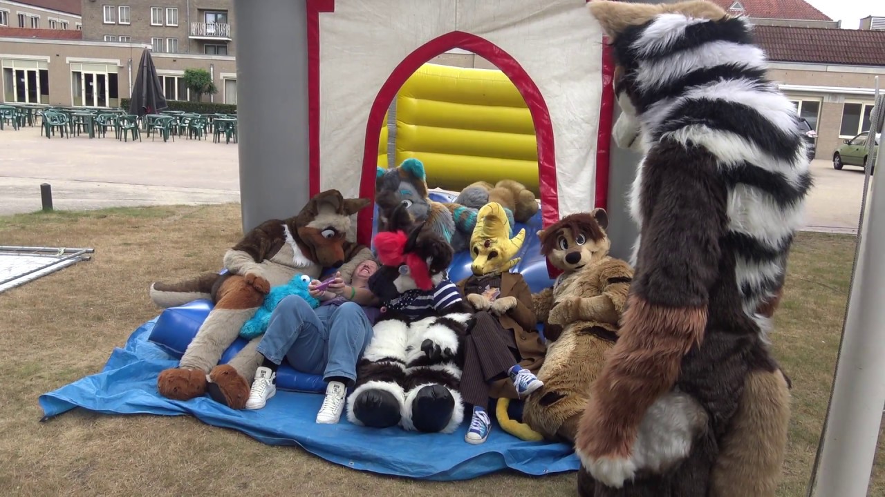fursuiters on a bouncy castle
