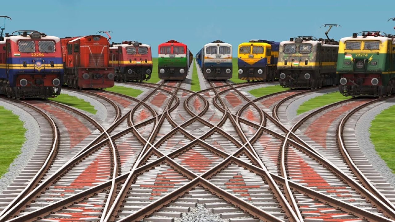 8 Trains At Railroad Crossings Branched || On Bumpy Forked Railways Tracks || train games ⤴️