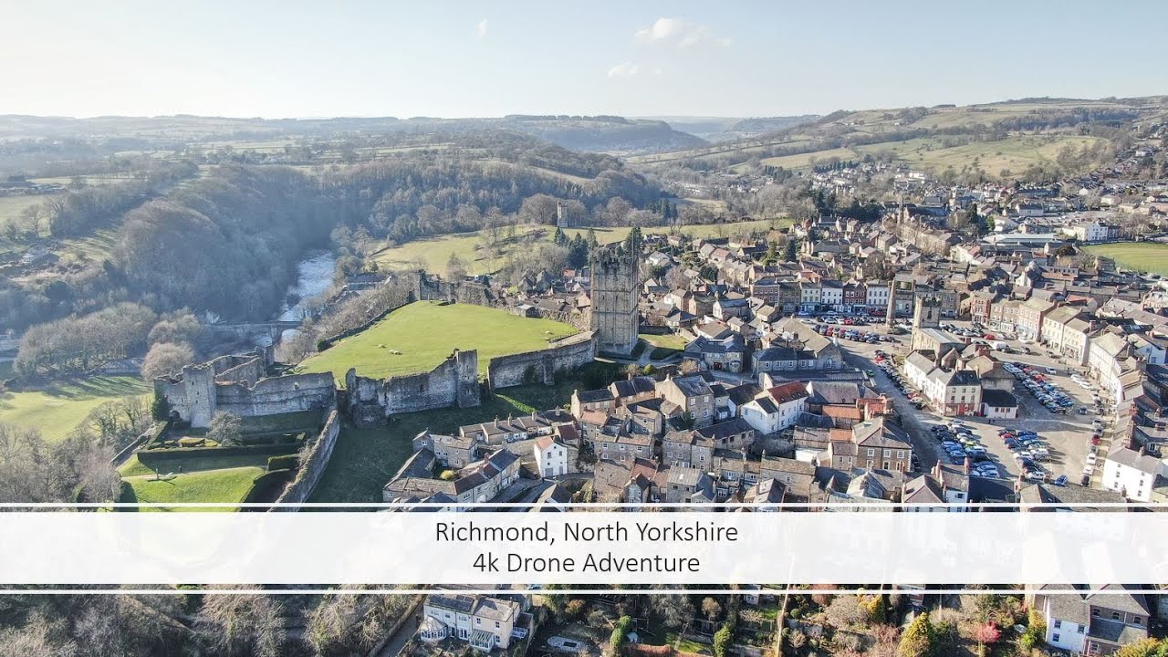 Richmond North Yorkshire 4k Drone video. featuring Richmond castle and Richmond falls.