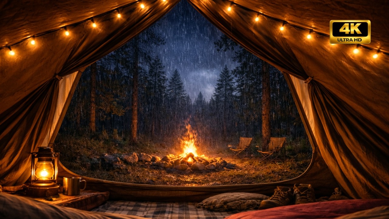 RAIN ON TENT + DISTANT THUNDER | Woodland Campfire Night | Fall Asleep Fast | 3 Hours